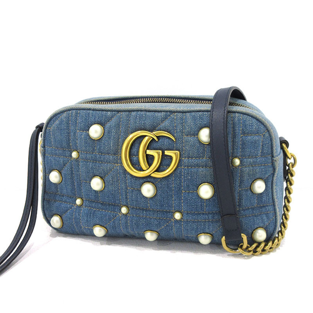 Gucci Chain Bag Denim Marmont Pearl Blue Shoulder Gg - Picture 2 of 10